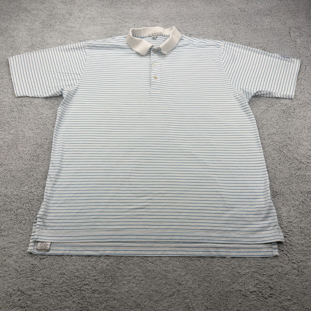 Peter Millar Polo Shirt Men XL Blue White Striped Short Sleeve Crown Golf Preppy